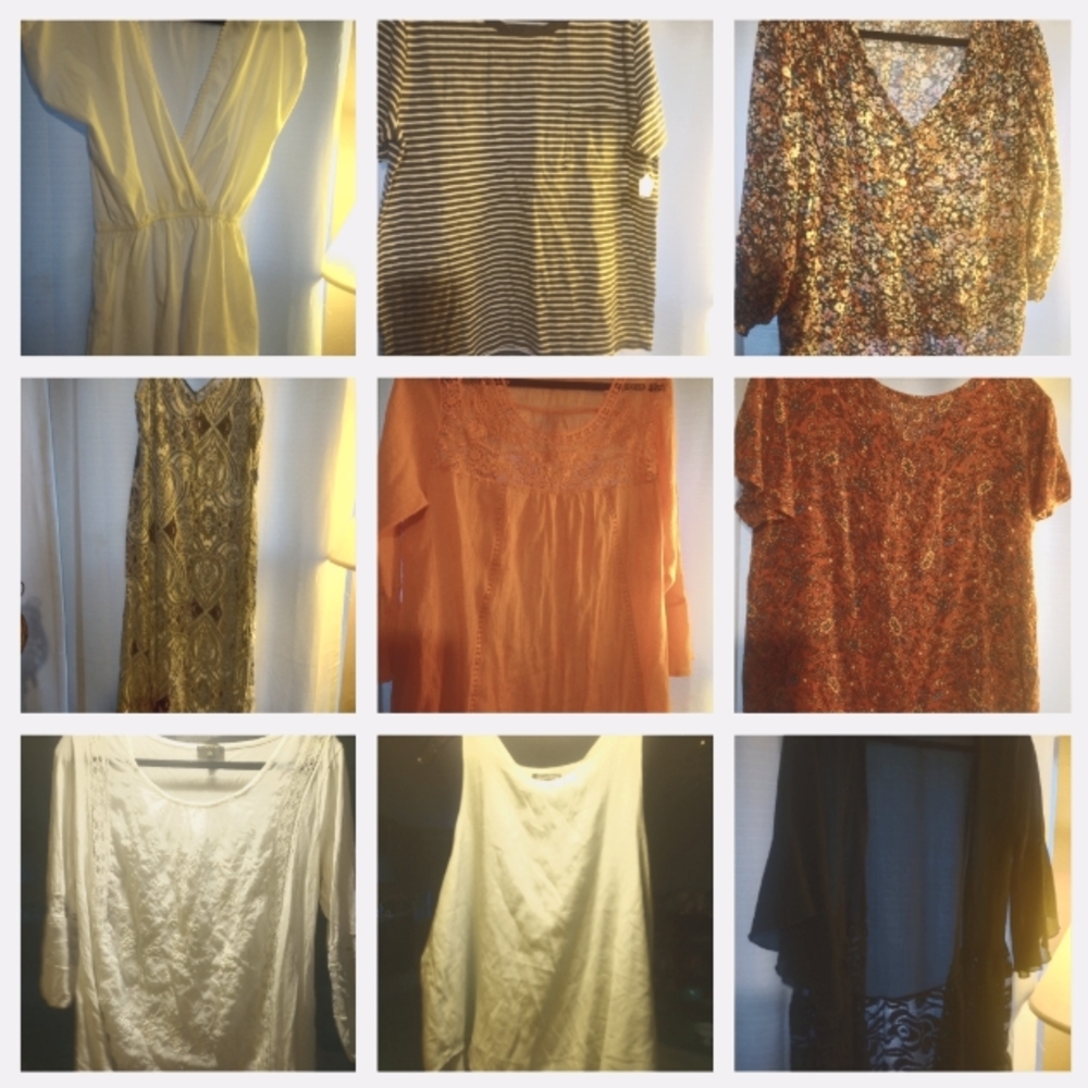 BUNDLE OF WOMANS DRESSES, ROMPERS AND TOPS. SIZE LARGE ((**5-58**))